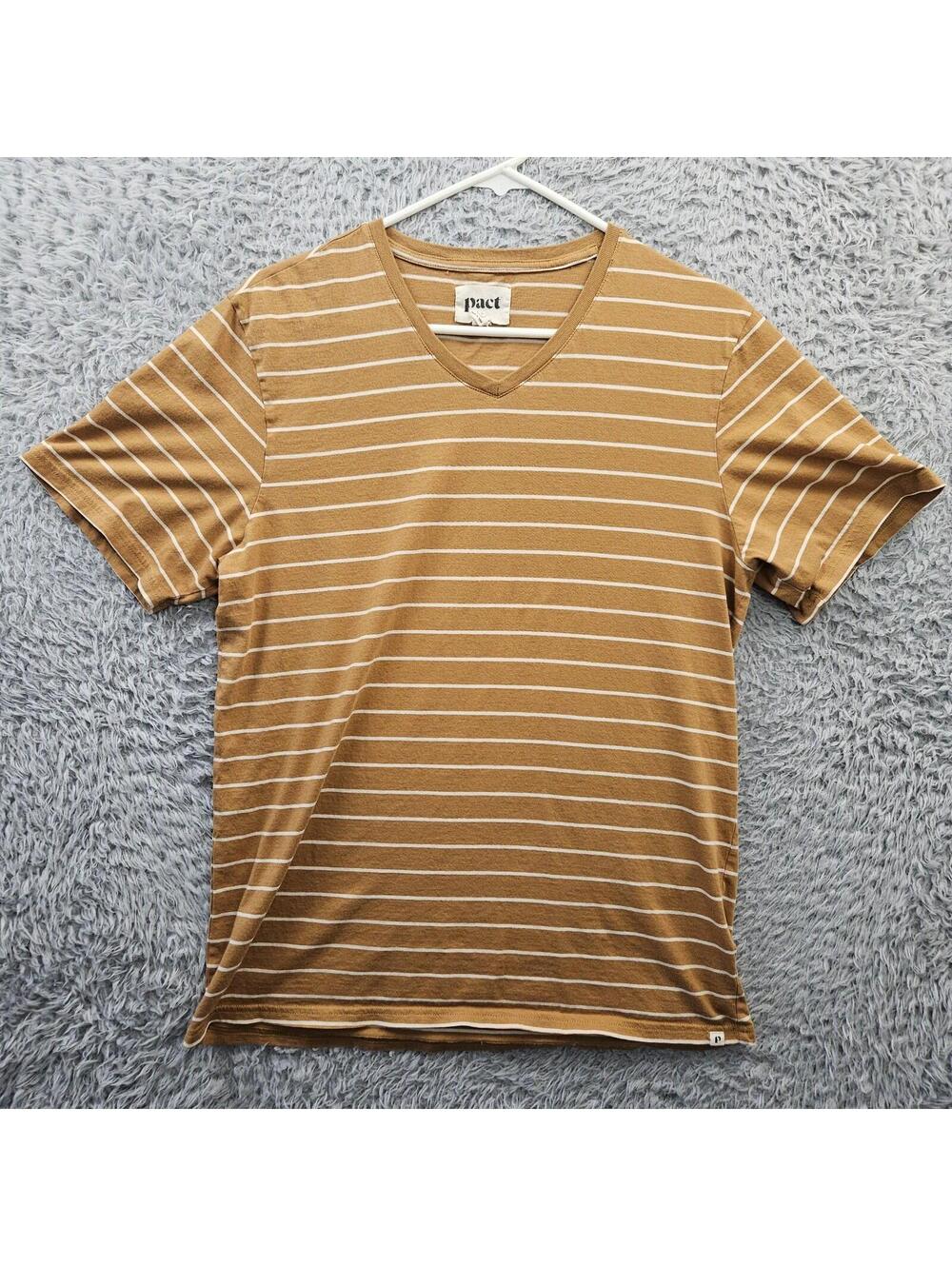 Pact Organic T Shirt Men Medium Brown Stripe V Neck 100% Organic Cotton